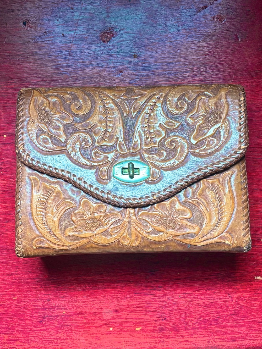 VINTAGE 1950s — Hand-Tooled Floral Leather Satchel Purse